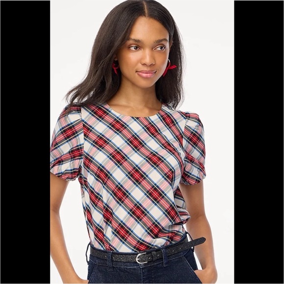 J Crew Factory Tartan Puff-Sleeve Top - Picture 1 of 3